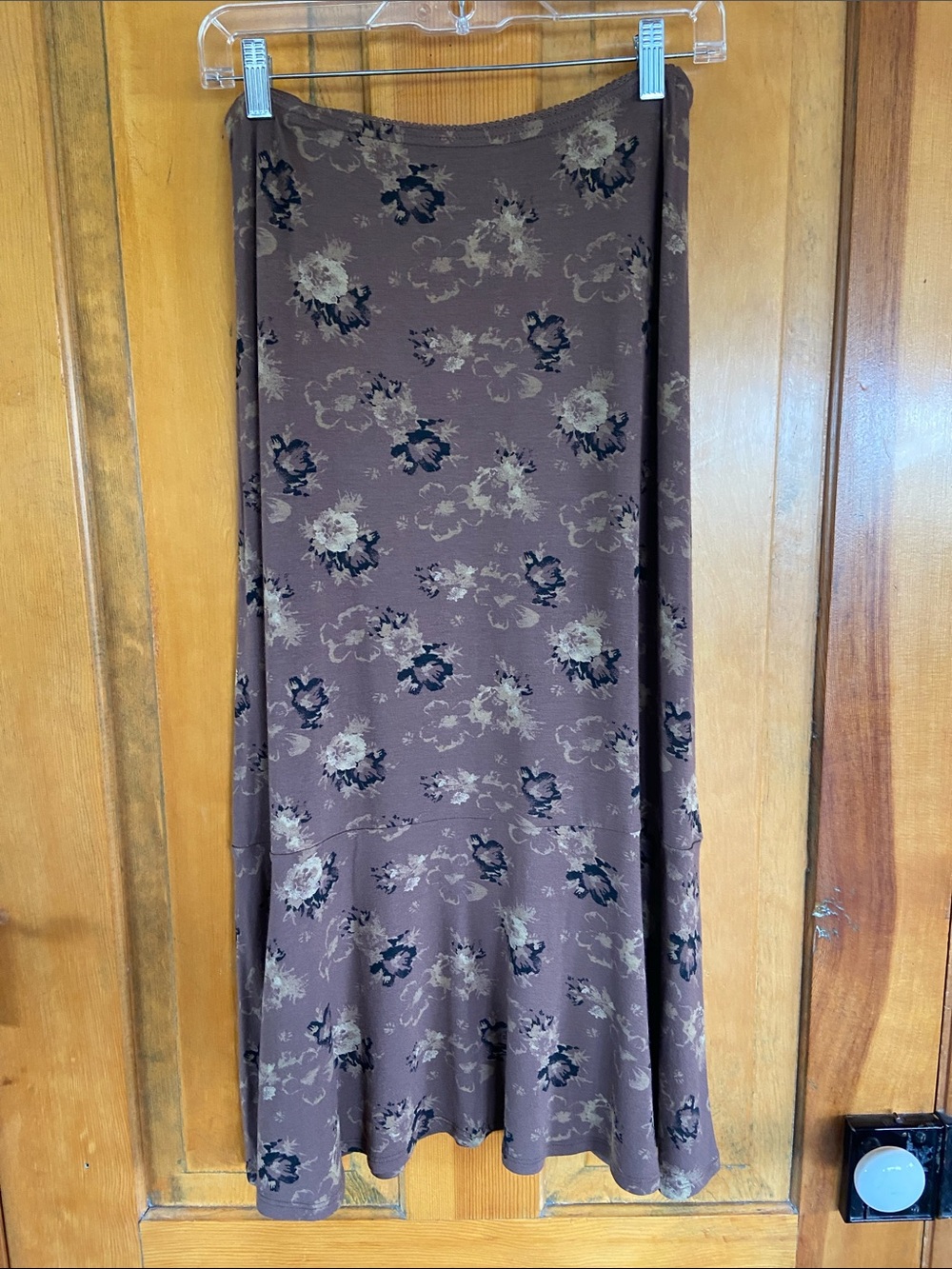 J. Jill Brown Floral Midi Skirt with Subtle Ruffle Hem